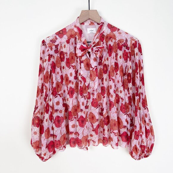 Rare Aritzia Wilfred Barbara Blouse Pleated Chiffon Balloon Sleeve Pussy Bow Top - Picture 8 of 9